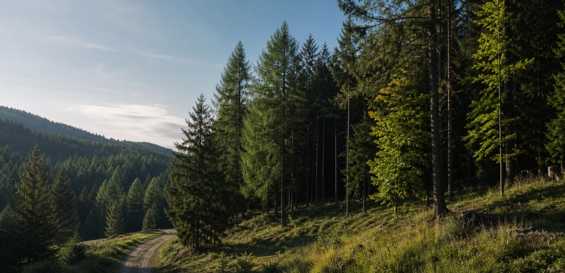 Bewirtschafteter Mischwald mit Forstweg in einer österreichischen Landschaft.